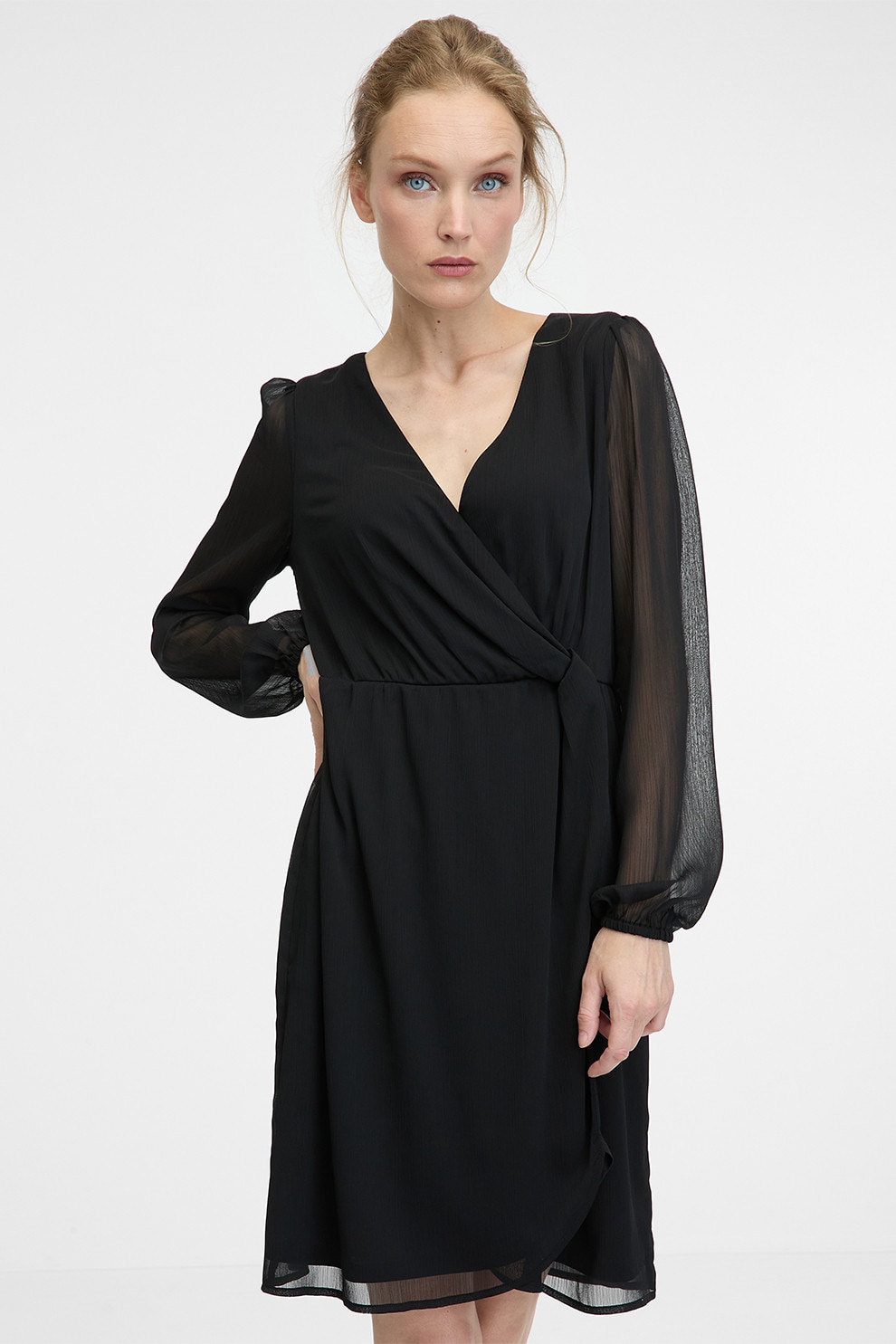 ORSAY, Rochie cu decolteu in V si maneci semitransparente, Negru, 38