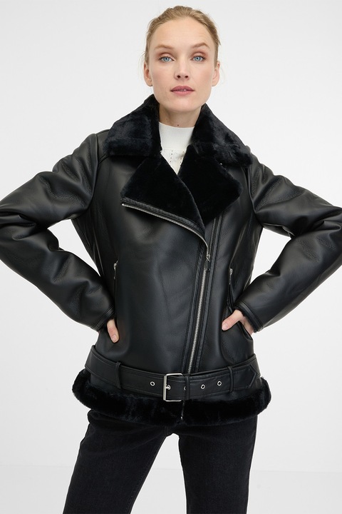 ORSAY, Jacheta din blana shearling sintetica cu fermoar asimetric, Negru, 38