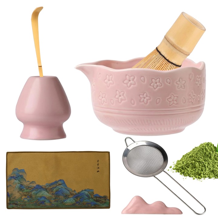 Set de ceai Matcha, Juksun, ceramica, 5 piese, roz, include tel din bambus, bol, lingura, suport pentru tel, sita din otel inoxidabil