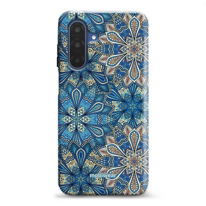 Mobiwear Elite Pro ütésálló tok Samsung Galaxy A17 / A17 5G telefonhoz, kék virágmintával, ütés- és karcolásvédelem