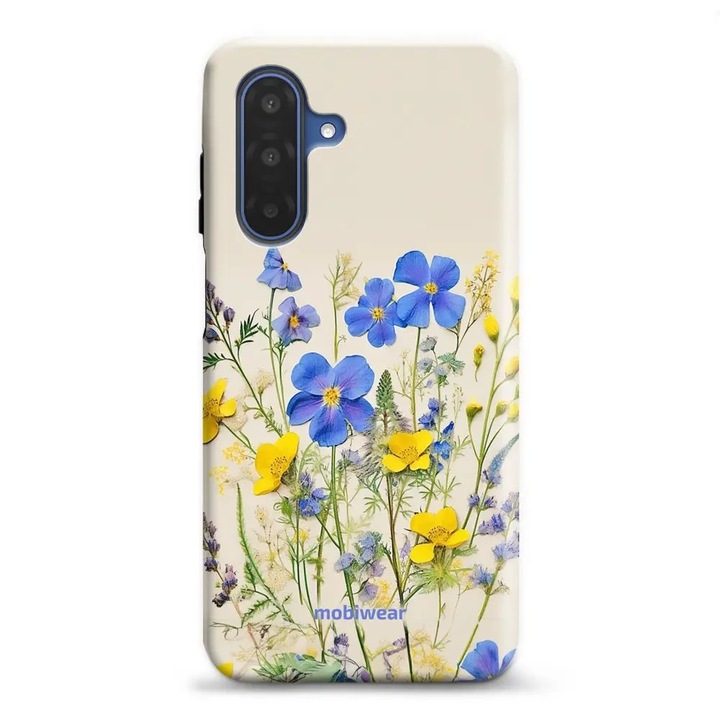 Mobiwear Elite Pro strapabíró tok Samsung Galaxy A17 / A17 5G telefonhoz, virágmintás, kék, műanyag és TPU anyag, 1 db tok