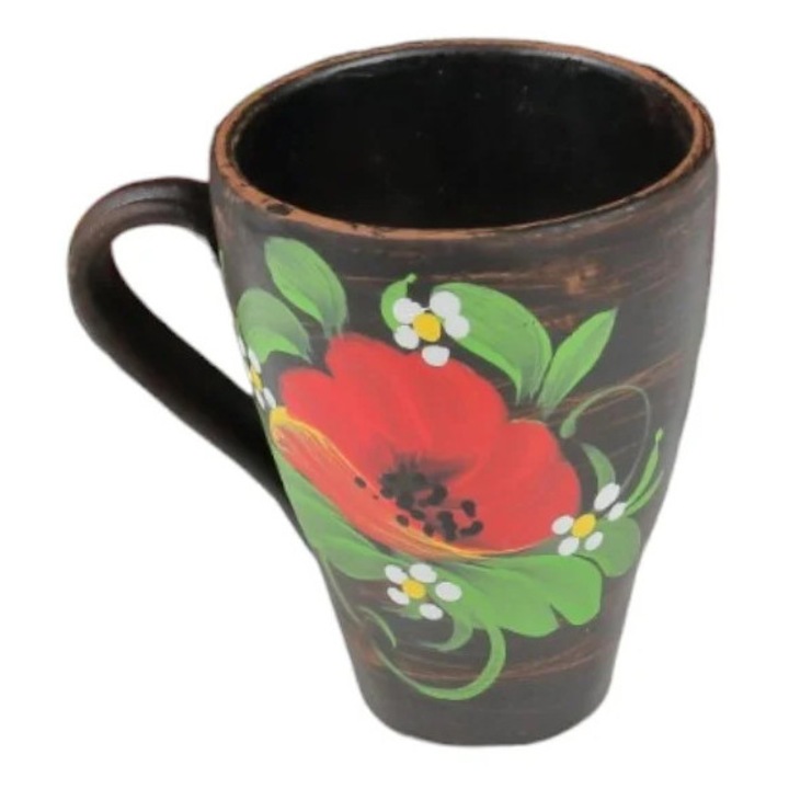 Cana din ceramica maro, pictata manual cu maci, 220 ml – lucrata artizanal