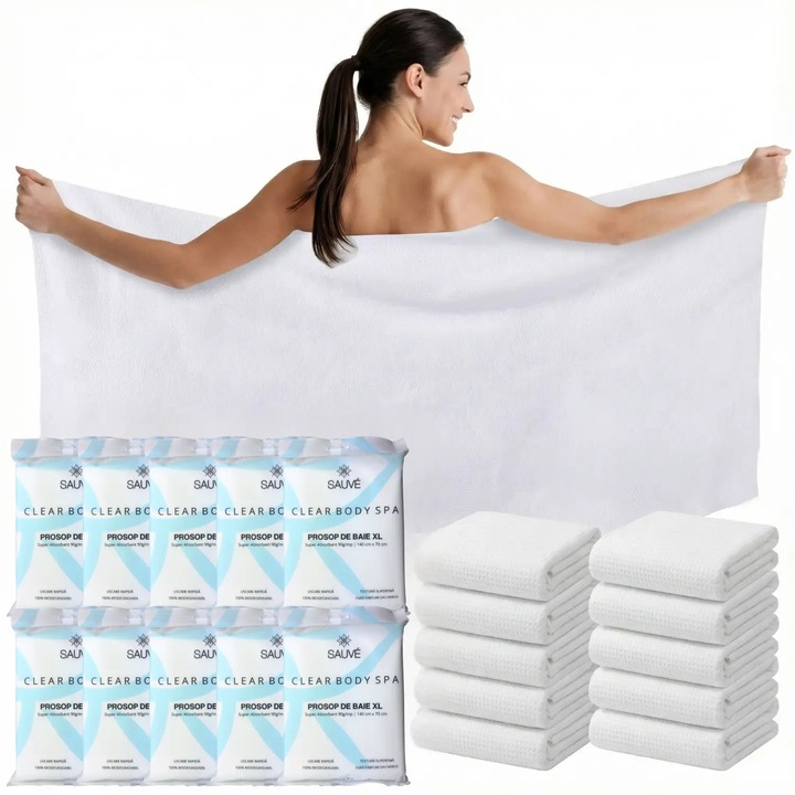 Комплект от 10 еднократни кърпи за тяло Sauvé Clear Body SPA, XL 140x70 см, памучна вискоза, 100% биоразградими, идеални за пътуване, фитнес, басейн
