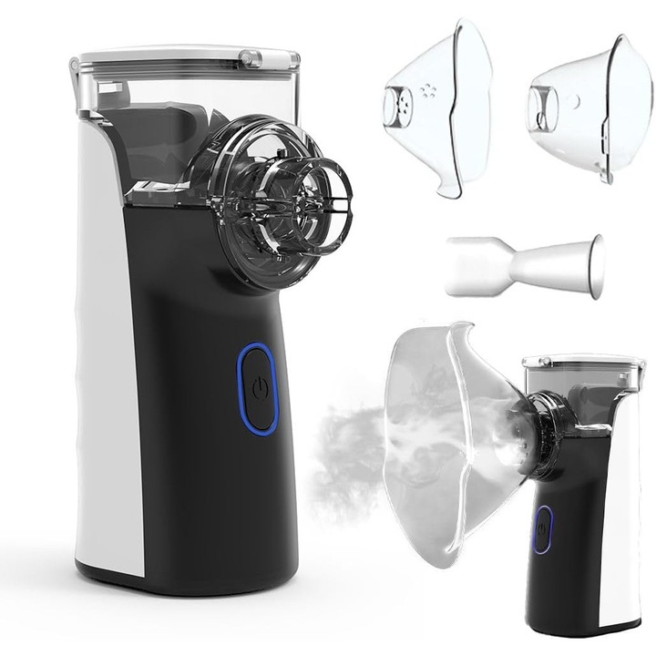 Nebulizator portabil ZYTEQ, tehnologie Mesh, capacitate 8ml, set cu mască pentru adulți și copii, alb/negru