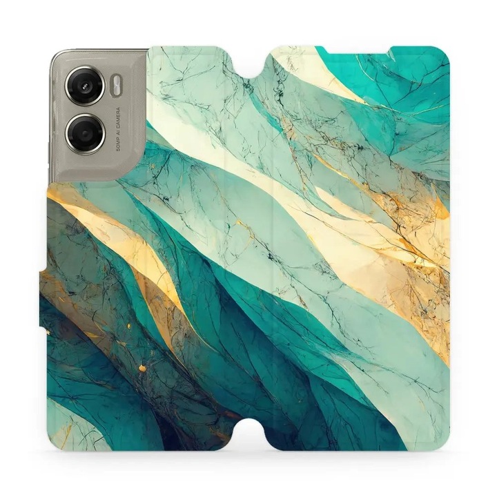 Husa flip Mobiwear pentru Motorola Moto G06 Power, mramor verde si auriu, rezistenta la socuri si zgarieturi