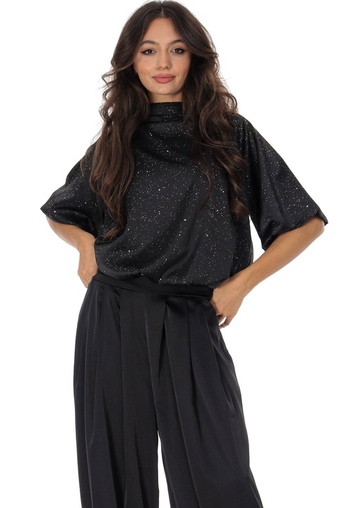 Bluza satinat cu aplicatii argintii Negru Aimelia BR2941, Onesize