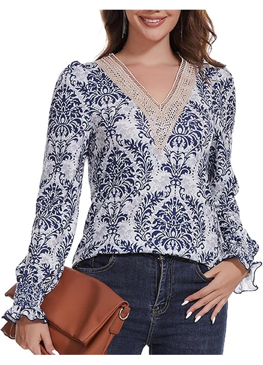 Bluza dama, ANYFITTING, eleganta cu decolteu V din dantela, maneci bufante, alba cu imprimeu albastru, marimea M