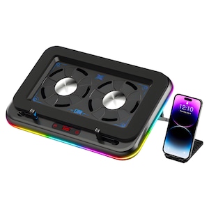 Cooler Laptop Gaming TEKHERO®, Dual TurboFan, 360° Airflow, 2x 2100 RPM, Iluminare RGB, Control Touchscreen, Display LCD, Reglaj Ergonomic, Compatibilitate 13′′-17.3′′, Racire Silentioasa, Esports, Professional Gaming