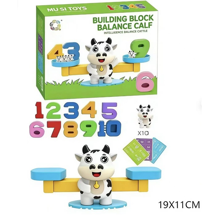 Joc de matematica cu blocuri de constructie si cantar de echilibru cu vaca, jucarie educativa STEM pentru copiii de prescolar, materiale didactice pentru recunoasterea numerelor si aritmetica