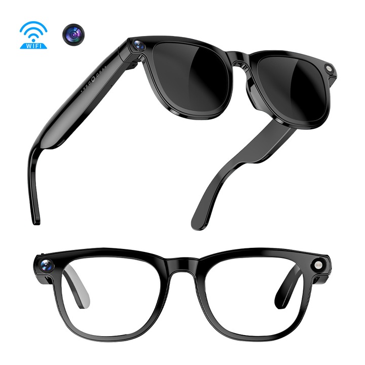 Смарт очила Excitat, Интегриран AI, Sony Камера 1200W HD, 1080P Видеозапис, Превод в реално време, Гласов асистент, Open-Ear аудио, Сменяеми лещи, За пътувания, Бизнес, Влогове и шпионаж