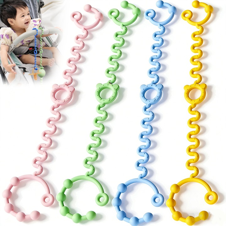 Верижка за залъгалка, BYONDSELF®, Държач за биберон и играчки, от хранителен силикон, 4 броя, Играчка за никнене на зъбки за новородени, 38 см, Без BPA, Лесна за почистване, Количка и бебешко легло, Многоцветен