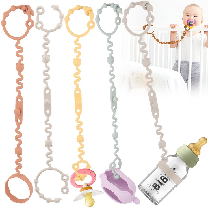 Lantisor pentru Suzeta, BYONDSELF®, Pastrator pentru Tetina si Jucarii, din Silicon de Calitate Alimentara, 5 Bucati, Jucarie Dentitie Nou-nascut, 38cm, Fara BPA, Multicolor