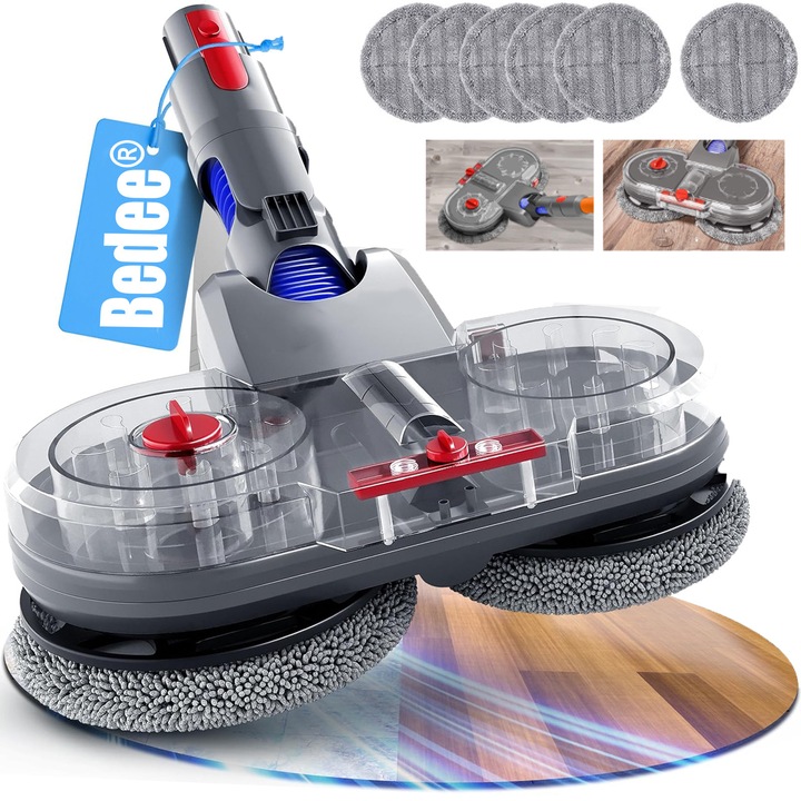 Set spalare si aspirare cu cap electric, Bedee®, compatibil cu Dyson V7 V8 V10 V11 SV14 cu 6 lavete rotunde si un rezervor de 150ML apa detasabil, pentru Podele Dure si Covoare Joase