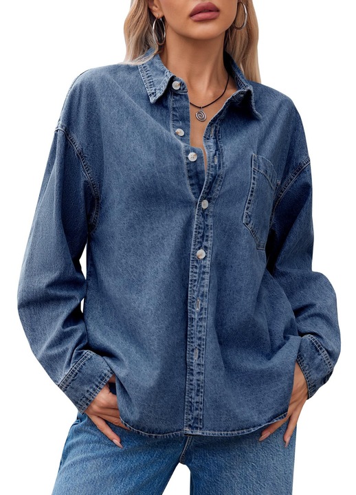 Оувърсайз дънкова риза с дълъг ръкав, идеална за пролет-есен (10136), Тъмносин