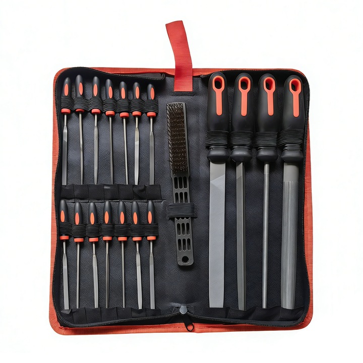 Set de pile mini, asskanaer, Set 19 pile de precizie, Geanta de transport, Include modele rotund, Semi-rotund, Plat, Patrat, Robusta si durabil, Rezistent la uzura, Pentru metal, sticla, lemn, Otel T12, T10, 34*34*4 cm, Negru/Portocaliu