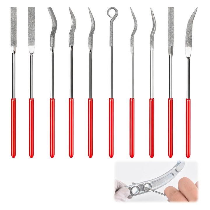 Set 10 pile de precizie, asskanaer, Set pile diamantate, Forme variate, Robusta si durabil, Rezistent la uzura, Design ergonomic, Slefuire razuire, Forme variate pentru lemn si metal, Diamantate, 18*15*1 cm, Argintiu/Rosu