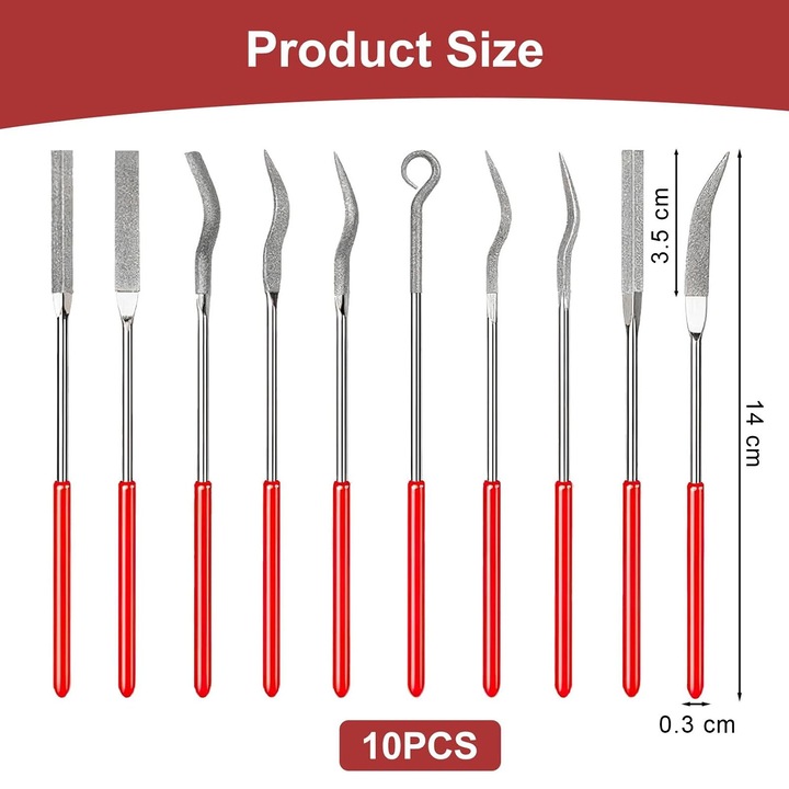 Set 10 pile de precizie, asskanaer, Set pile diamantate, Forme variate, Robusta si durabil, Rezistent la uzura, Design ergonomic, Slefuire razuire, Forme variate pentru lemn si metal, Diamantate, 18*15*1 cm, Argintiu/Rosu