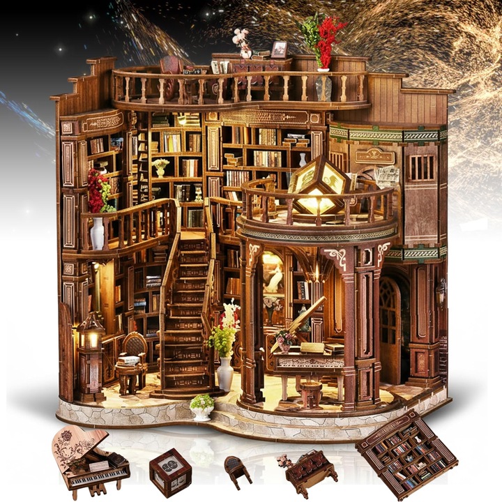 Casa de Papusi Magica, Bedee, Constructii 3D, DIY, Retro Style, Design Deosebit, cu Accesorii Luminoase, Pian, Terasa, Scara, Numeroase Piese de Mobilier Incluse, Decor Interior, Dezvolta Creativ si Imaginatia, Cadou Ideal pentru Copii si Adulti, Maro