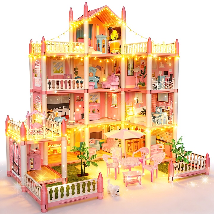 Къща за кукли, BYONDSELF®, 297 части, с 4 етажа, 11 стаи, с осветление, включени множество мебели, тоалетка, диван, гардероб, развива въображението и ръчните умения, 611×478×609 мм, розова