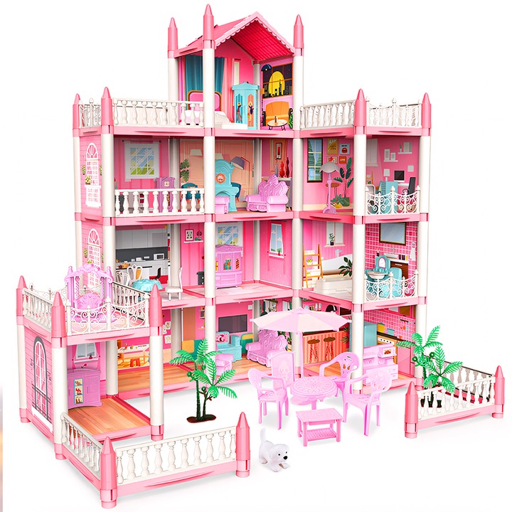 Casuta de Papusi, BYONDSELF®, 297 Piese, cu 4 Etaje, 11 Camere, cu Lumini, Numeroase Piese de Mobilier Incluse, Masa de Toaleta, Canapea, Dulap, Dezvolta Imaginatia si Abilitatile Manuale, 611×478×609mm, Roz
