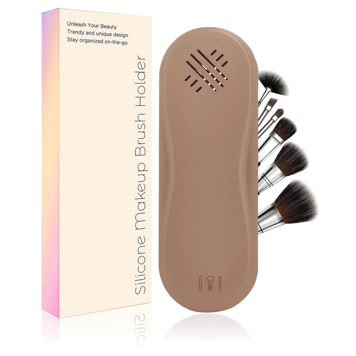 Organizator Pensule Machiaj pentru Calatorii, din Silicon Anti-Cadere, Inchidere cu Magnet, Organizator Machiaje Portabil, 22x8x3 cm, Maro deschis
