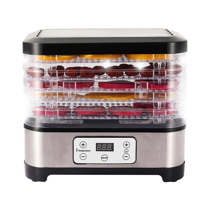 Aparat de deshidratat si uscat fructe, Ultrixe, 160W, Afisaj Digital, 5 Tavi, Temperatura Reglabila, Timer, Aer cald circulant la 360°, Simplu de Utilizat, Inox