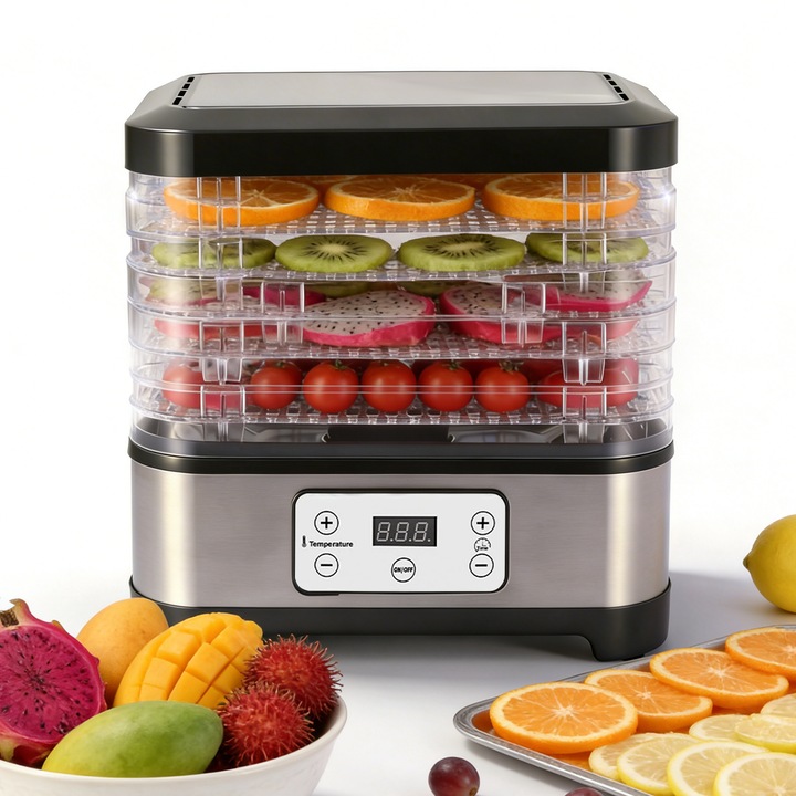Aparat de deshidratat si uscat fructe, Ultrixe, 160W, Afisaj Digital, 5 Tavi, Temperatura Reglabila, Timer, Aer cald circulant la 360°, Simplu de Utilizat, Inox