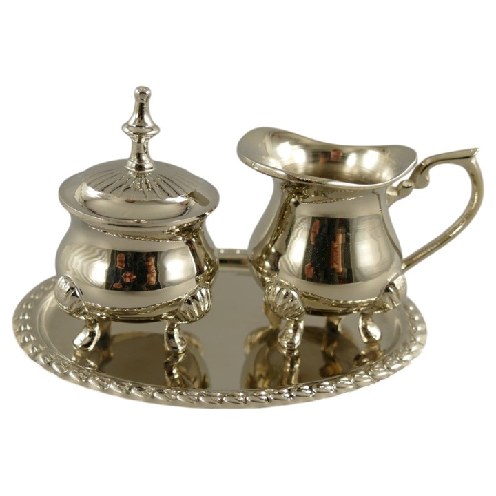 Set pentru lapte si zahar cu tavita, metal nichelat, 19 × 13 cm