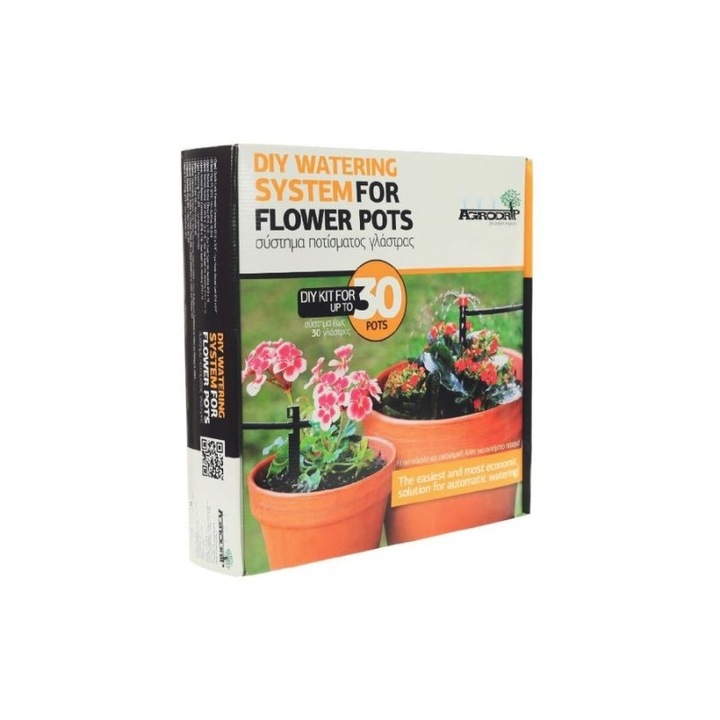 Sistem de irigare pentru ghivece Agrodrip, kit pentru 30 ghivece, conectare robinet, picuratori reglabili, polipropilenă