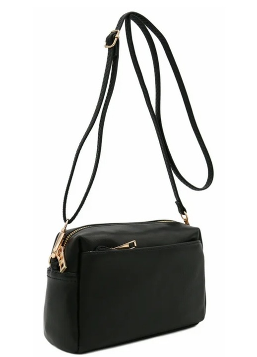 Geanta crossbody mica, neagra, cu fermoar, din piele ecologica, 8.5x5.5x2.75 inch, cu curea ajustabila