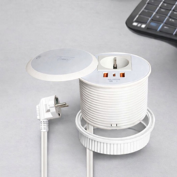 Priza Incorporabila Wireless Adsinio, 1 Schuko, 1 USB-C, 2 USB-A, Alb