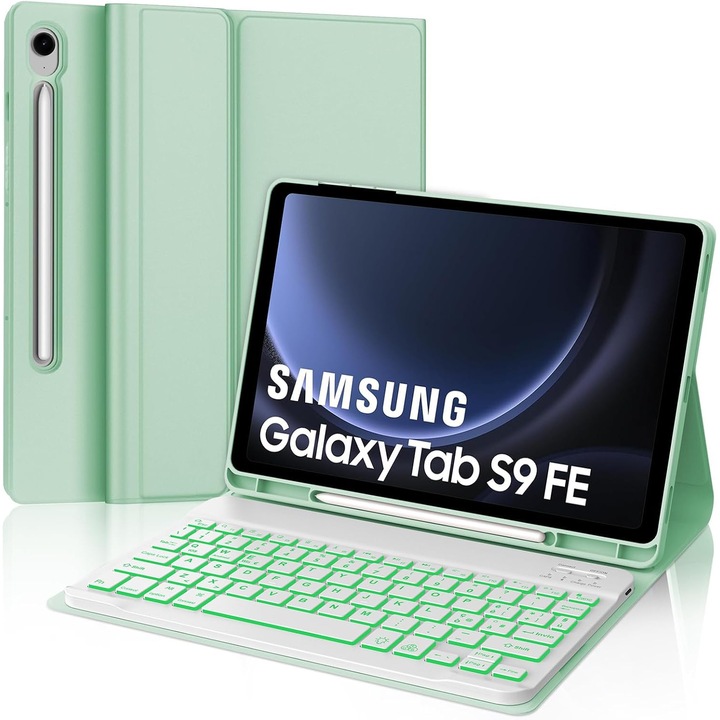 Husă cu tastatură iluminată pentru Samsung Tab S9 FE, verde deschis, 10.9 inch, set