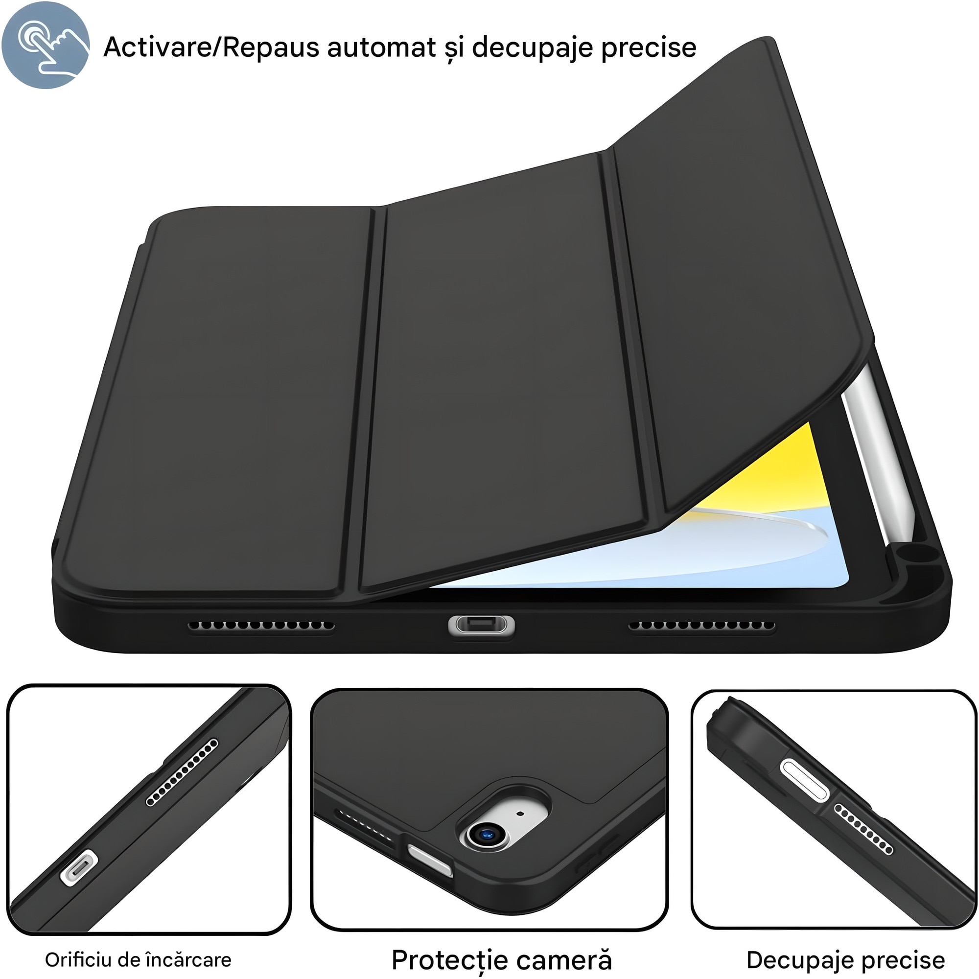 Husa de protectie pentru iPad (A16) 11 generatie de 11 inch 2025, husa pentru iPad 10 generatie de 10, 9 inch 2022, cu suport pentru stilou, husa inteligenta cu suport pliabil in trei, TPU, neagra