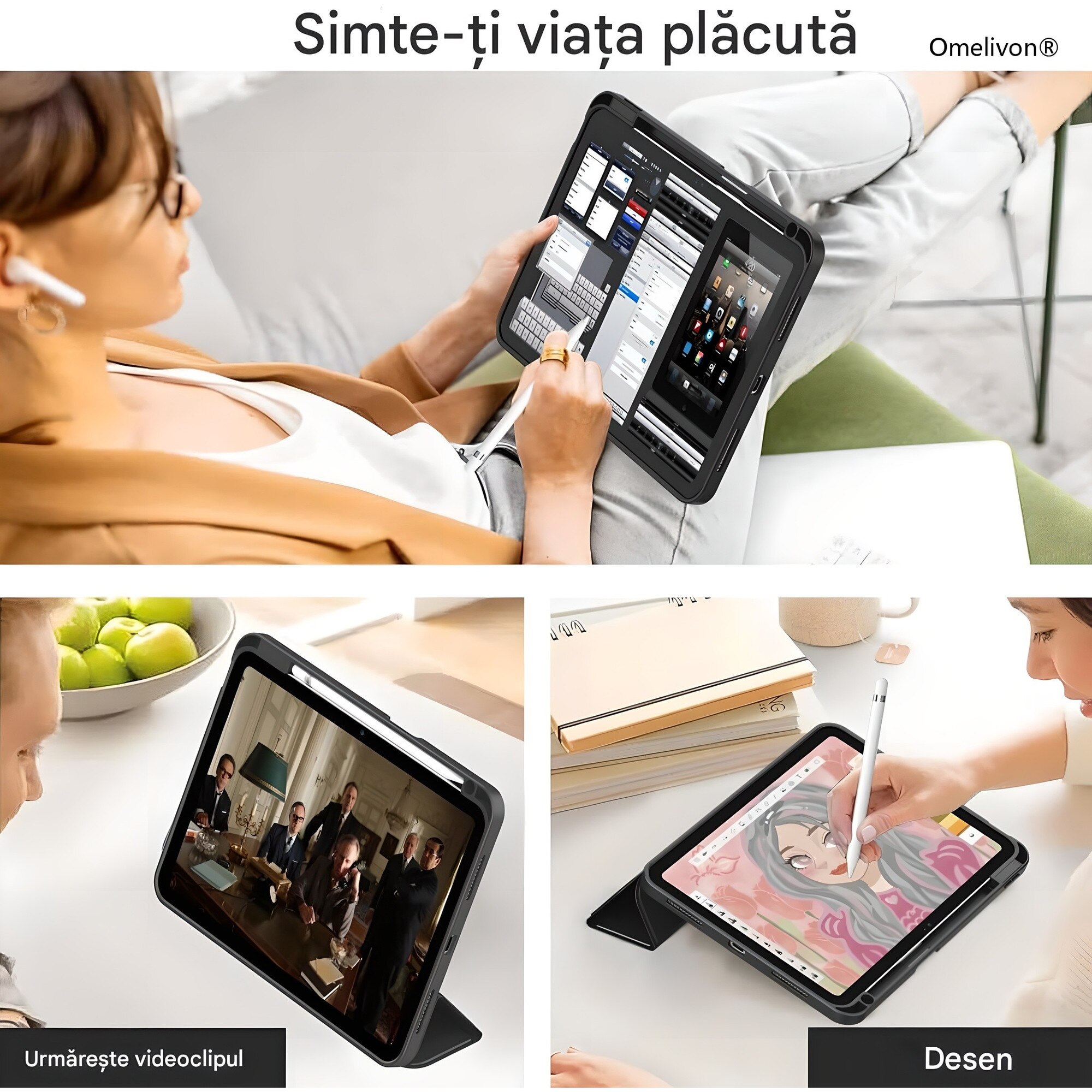 Husa de protectie pentru iPad (A16) 11 generatie de 11 inch 2025, husa pentru iPad 10 generatie de 10, 9 inch 2022, cu suport pentru stilou, husa inteligenta cu suport pliabil in trei, TPU, neagra