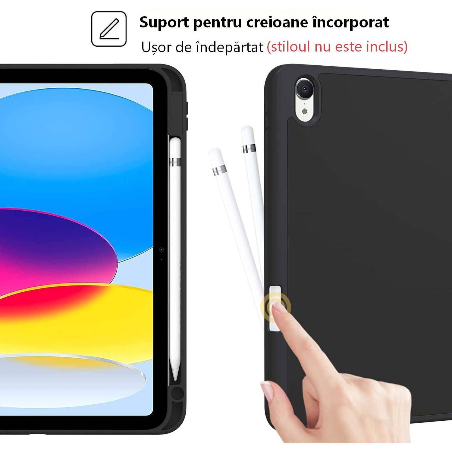 Husa de protectie pentru iPad (A16) 11 generatie de 11 inch 2025, husa pentru iPad 10 generatie de 10, 9 inch 2022, cu suport pentru stilou, husa inteligenta cu suport pliabil in trei, TPU, neagra
