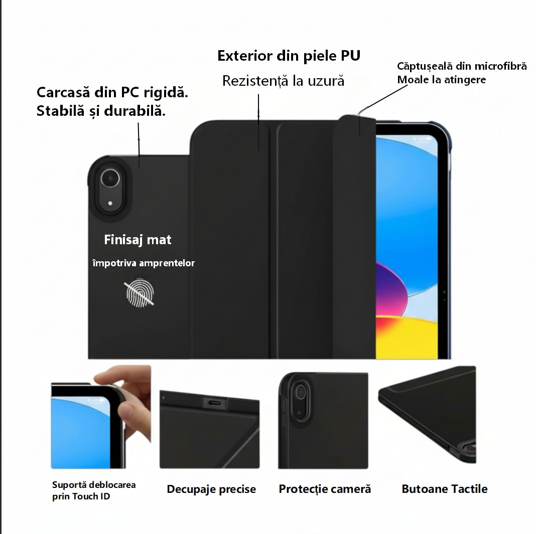 Husa de protectie pentru iPad (A16) 11 generatie de 11 inch 2025, husa pentru iPad 10 generatie de 10, 9 inch 2022, cu suport pentru stilou, husa inteligenta cu suport pliabil in trei, TPU, neagra