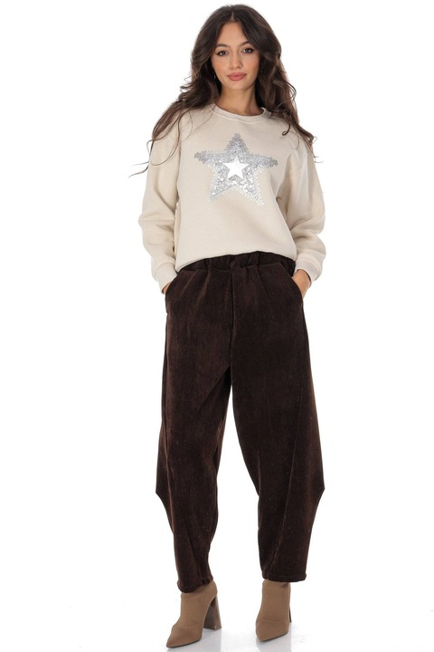 Pantaloni dama cu croiala tip barrel din corduroy, Maro Aimelia TR569, Onesize