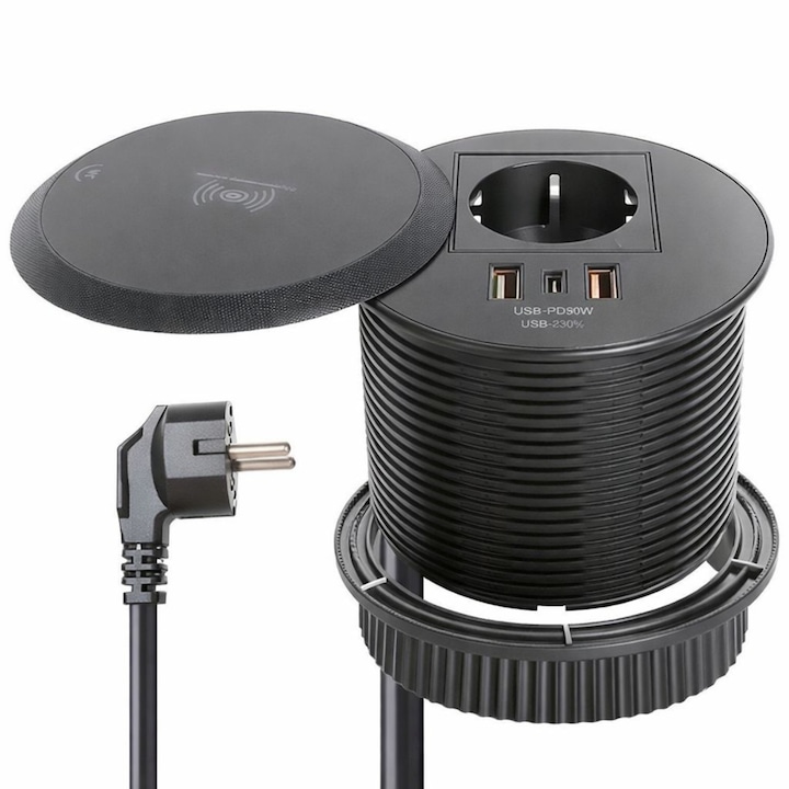 Priza Incorporabila Rotunda cu Incarcare Wireless, Adsinio, Diametru 100mm, 1 Schuko, 1 USB-C, 2 USB-A, 1 Wireless, Negru