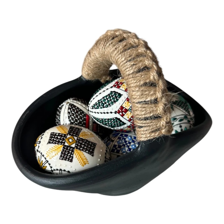 Cosulet cu oua de Paste, decoratiune de sarbatori, cosulet din ceramica cu 6 oua incondeiate in Bucovina, 19 cm