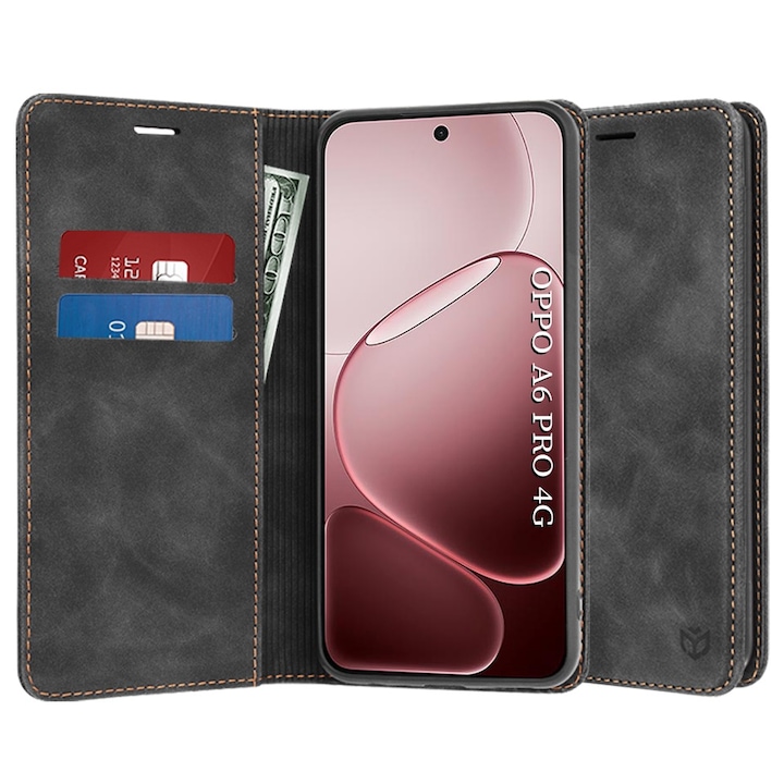 Husa pentru Oppo A6 Pro 4G / A6 Pro 5G DaDen® Tip Carte, Confy Cover, Suport card, Functie de Stand si Inchidere Magnetica, Protectie Sporita, Piele ecologica, Negru