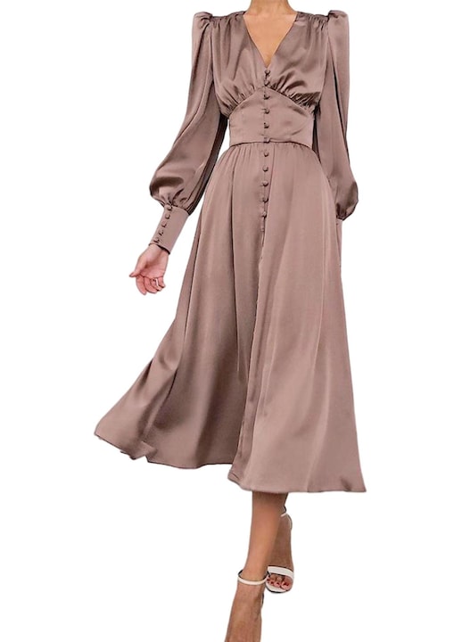 Дамска макси рокля от сатен, с буфан ръкави, Кафяв