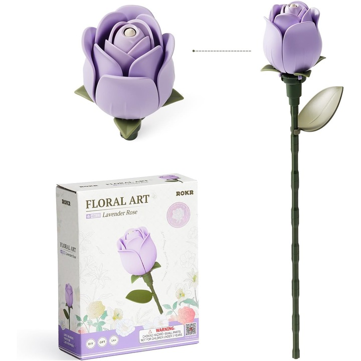 Set de constructie 3D, ROKR, model trandafir, lavanda, material ABS si PVC