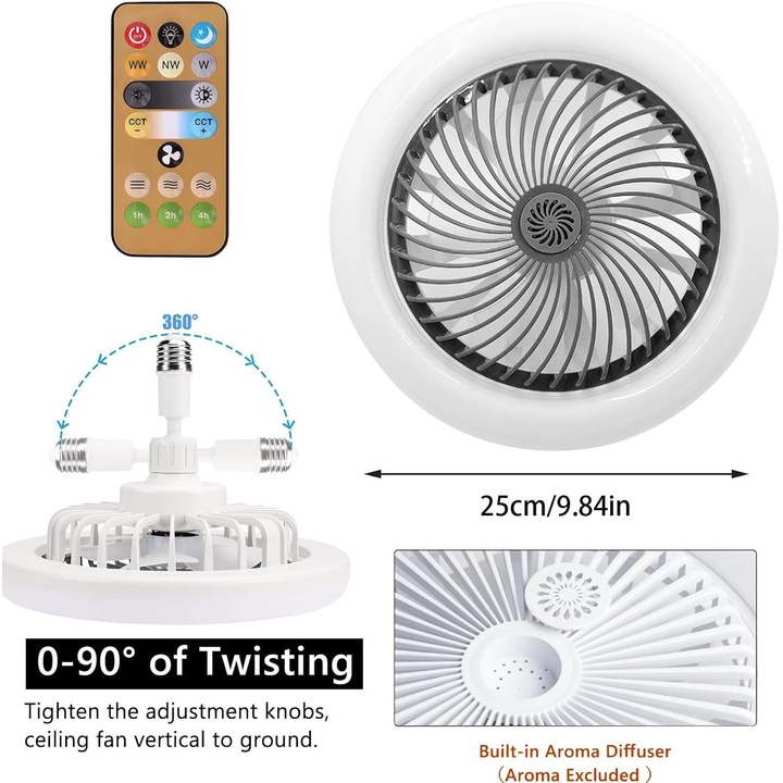 Ventilator Sufit cu Iluminare LED 30W, 3 Moduri de Vant, Fara Palete, Control de la Distanta