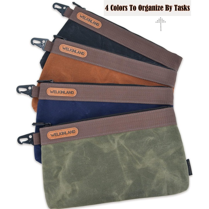 Set 4 Borsete Profesionale Scule WELKINLAND Heavy-Duty, Panza Cerata 590g Impermeabila, Interior Dublu Strat Oxford, 30 cm, Organizatoare Profesionale cu Fermoar, Multicolor