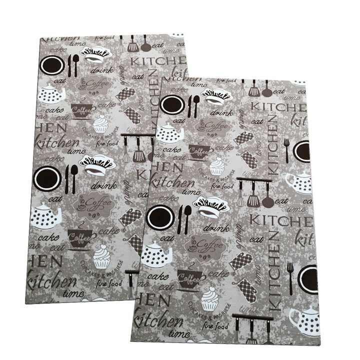 Set 2 Covoare Antiderapante, Bucatarie, Bej cu Maro, Poliester, 80 x 150 / 80 x 150 cm