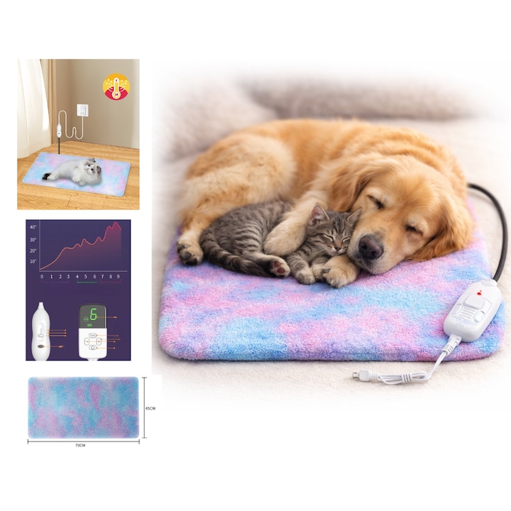 Covoras electric Damar, pentru incalzirea animalelor de companie,, Ecran LCD, Controlul temperaturii cu oprire automata la supraincalzire, Husa detasabila, moale si confortabila, Impermeabila, Rezistenta la uzura, Multicolor