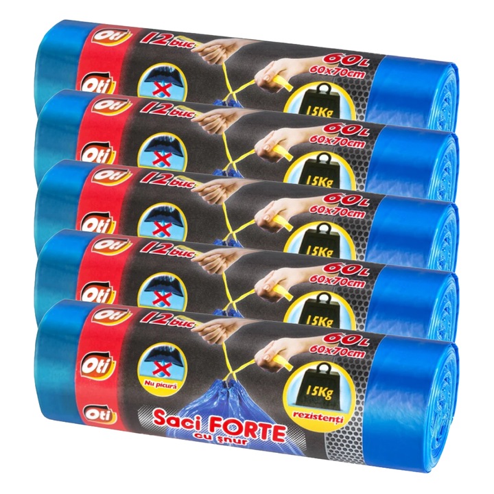 Set 5 role saci menajeri OTI Forte, 60L, 60x70cm, rezistenți, cu snur de închidere
