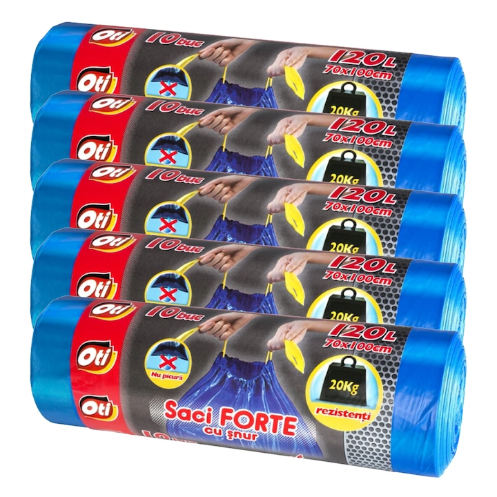 Set 5 role saci menajeri, OTI Forte, 120L, 70x100 cm, cu snur de inchidere, 10 bucati/rola