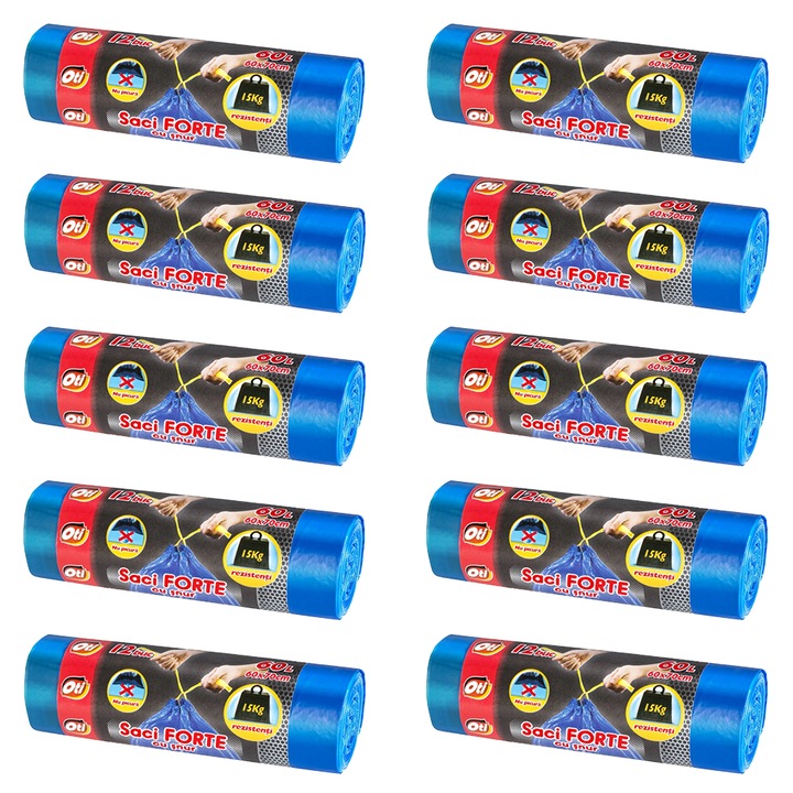 Set 10 role saci menajeri, OTI Forte, 60L, 60x70 cm, cu snur de inchidere, 12 bucati/rola