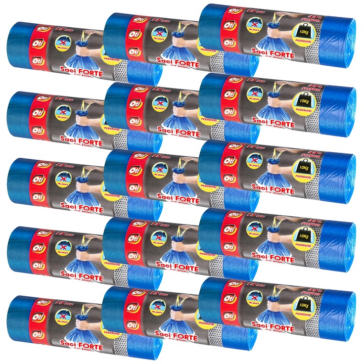 Set 15 role saci menajeri, OTI Forte, 35L, 50x60 cm, cu snur de inchidere, 15 bucati/rola